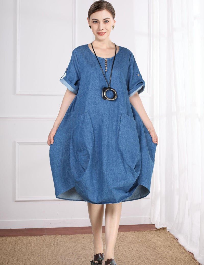 Minibee Women's Ruffle Oversize Casual Midi Dresses with Pockets (L, Denim Blue) - Image 4